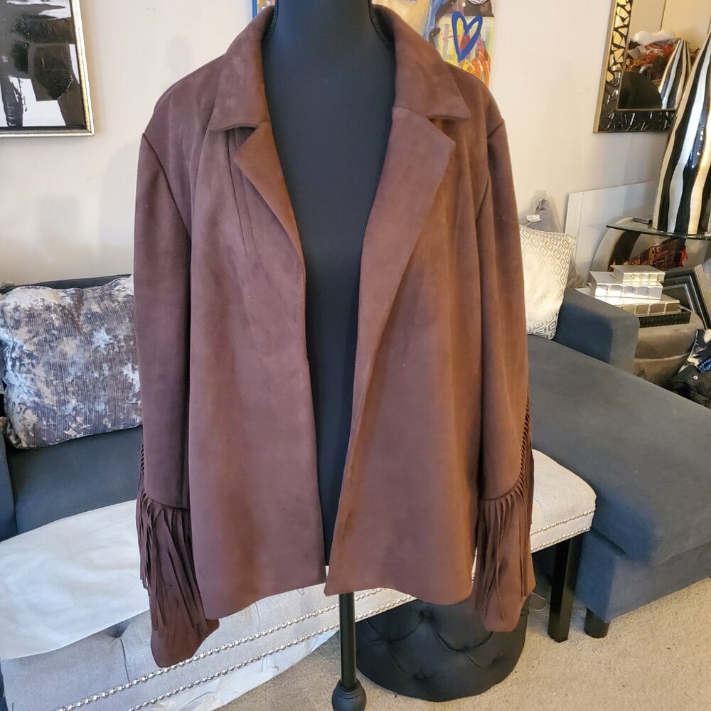 PHILOSOPHY WOMEN'S CHOCOLATE BROWN  FAUX SUEDE FRINGE BLAZER/JACKET NWT SZ XL